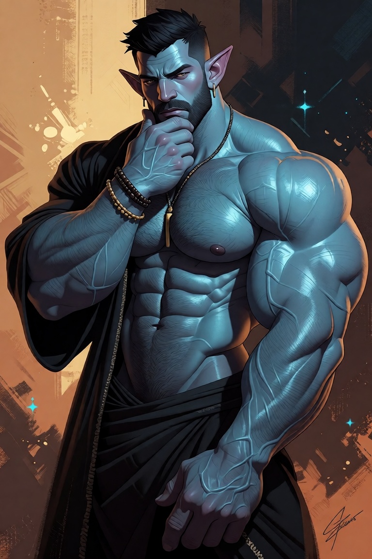 The image depicts a blue-skinned figure with pointed ears,  wearing a dark robe. The figure has a contemplative expression...
