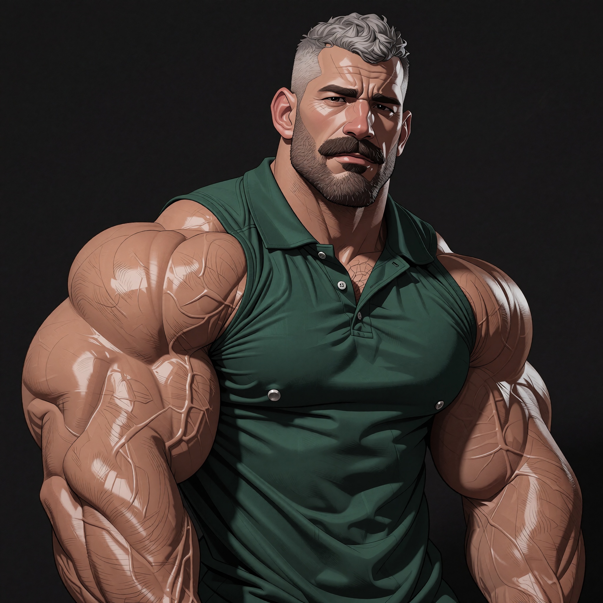 The image shows a person wearing a dark green shirt with a collar. The background is a solid dark color,  likely black,  w...