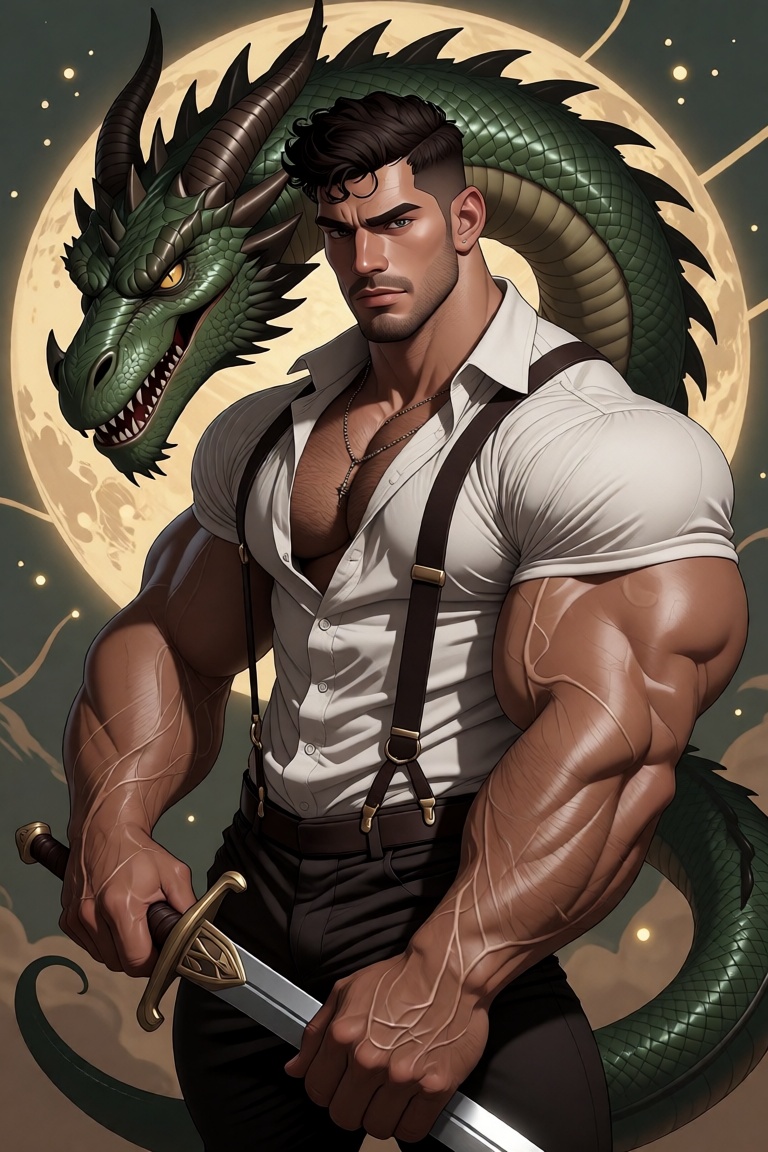 The image depicts a young man with short,  wavy brown hair,  wearing a white shirt with rolled-up sleeves and suspenders....