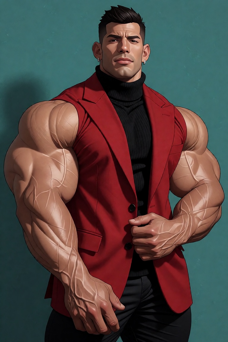 The image shows a person wearing a red blazer over a black turtleneck. The individual has neatly styled dark hair and is w...