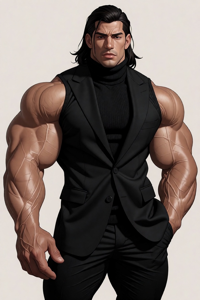 The image shows a person wearing a black turtleneck sweater and a black suit jacket. The individual has long,  dark hair a...