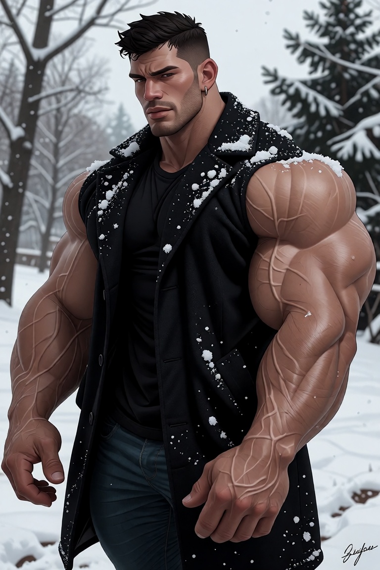 The image shows a person standing outdoors in a snowy environment. The individual is wearing a black coat with snowflakes...