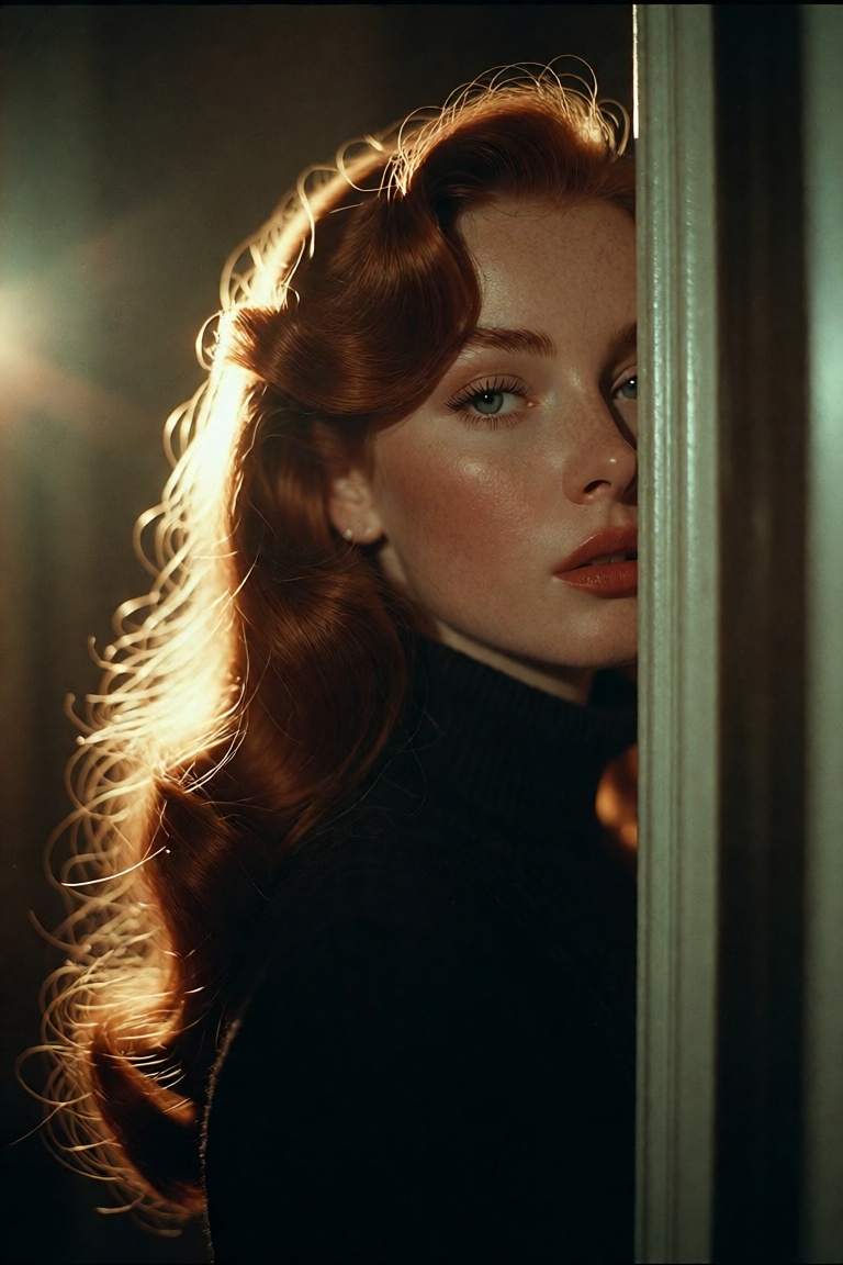 A young woman with long,  wavy auburn hair—rich in warm copper and golden-orange highlights—stands partially obscured behi...