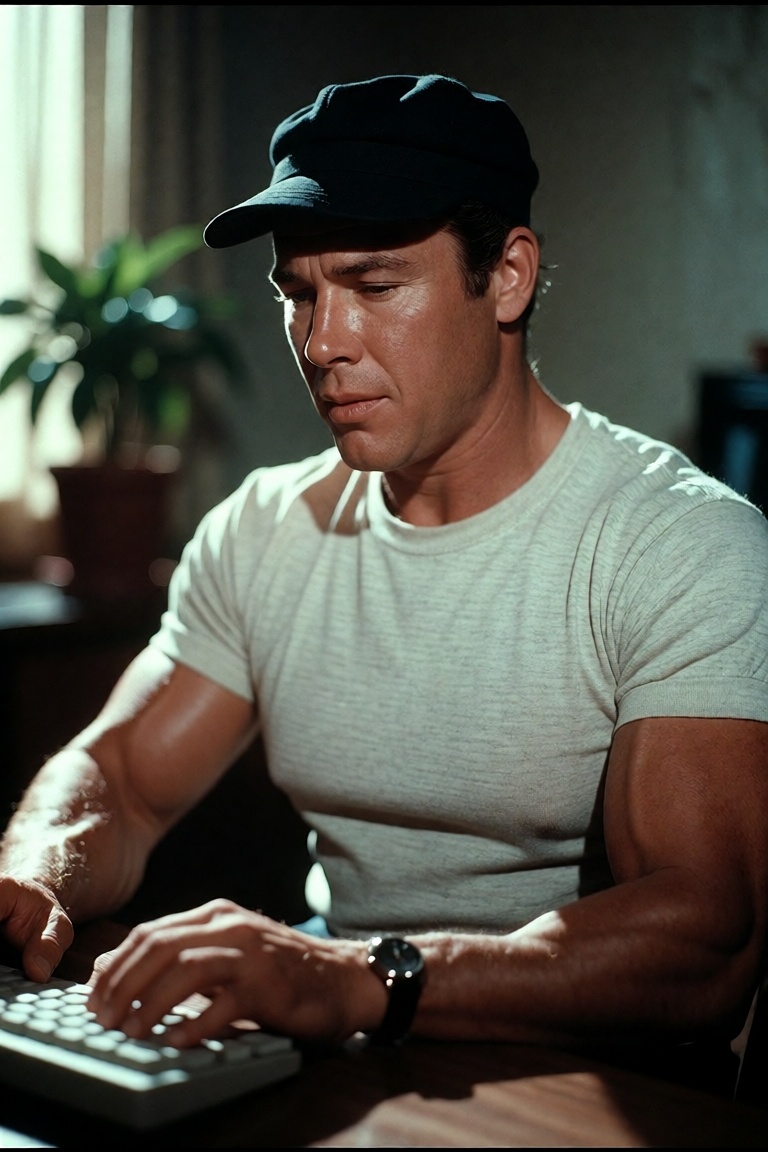 The image shows a man with a muscular build wearing a light gray t-shirt and a black cap. They are seated at a desk,  typi...