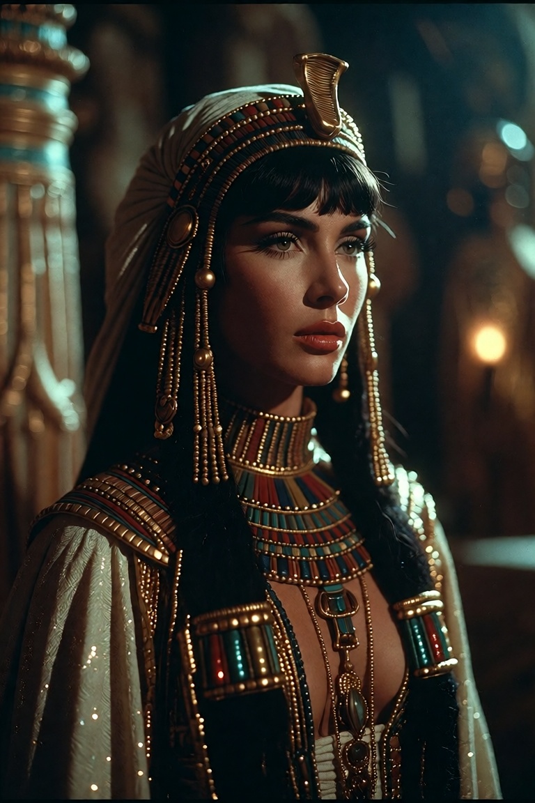 The image depicts a person dressed in elaborate,  ancient Egyptian-style attire. The individual is adorned with a headdres...