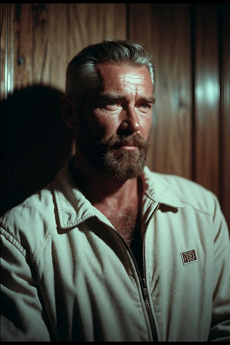 Create an image of a man with short,  graying hair and a full beard,  wearing a light-colored on Tensor.Art