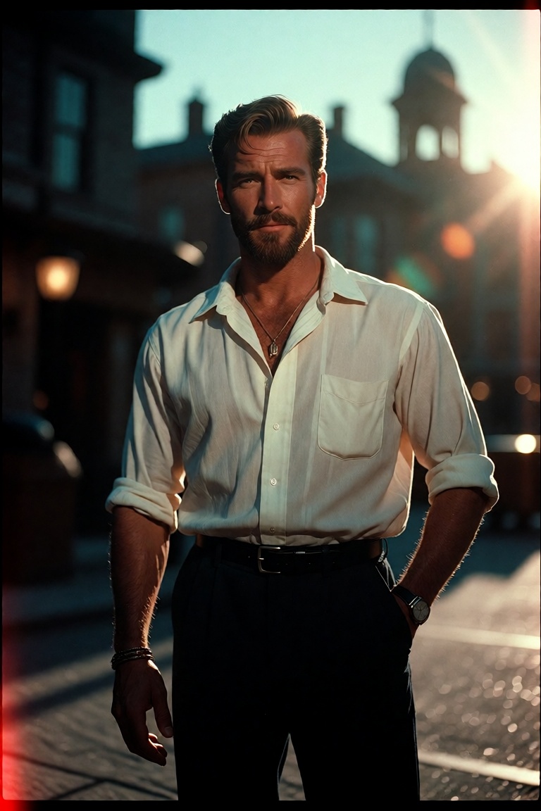 The image shows a man standing confidently in an urban setting. He is wearing a white button-up shirt with the sleeves rol...