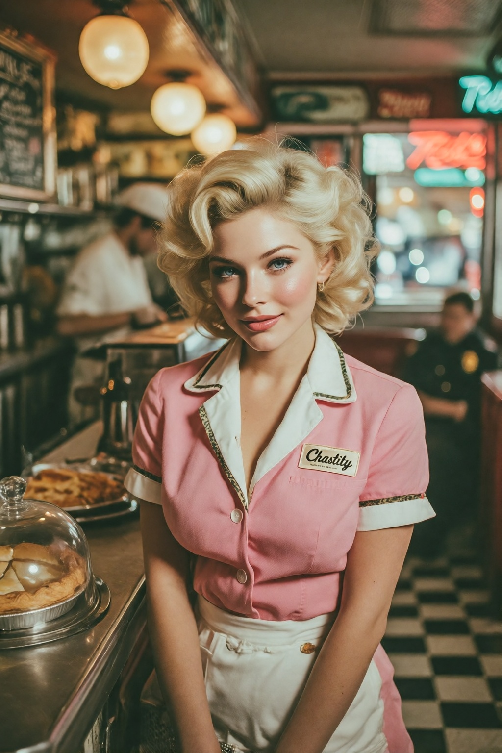 midjourneyanalog17k2e3. A waitress named Chastity,  with her name embroidered on a tag beside her large breasts,  standing...