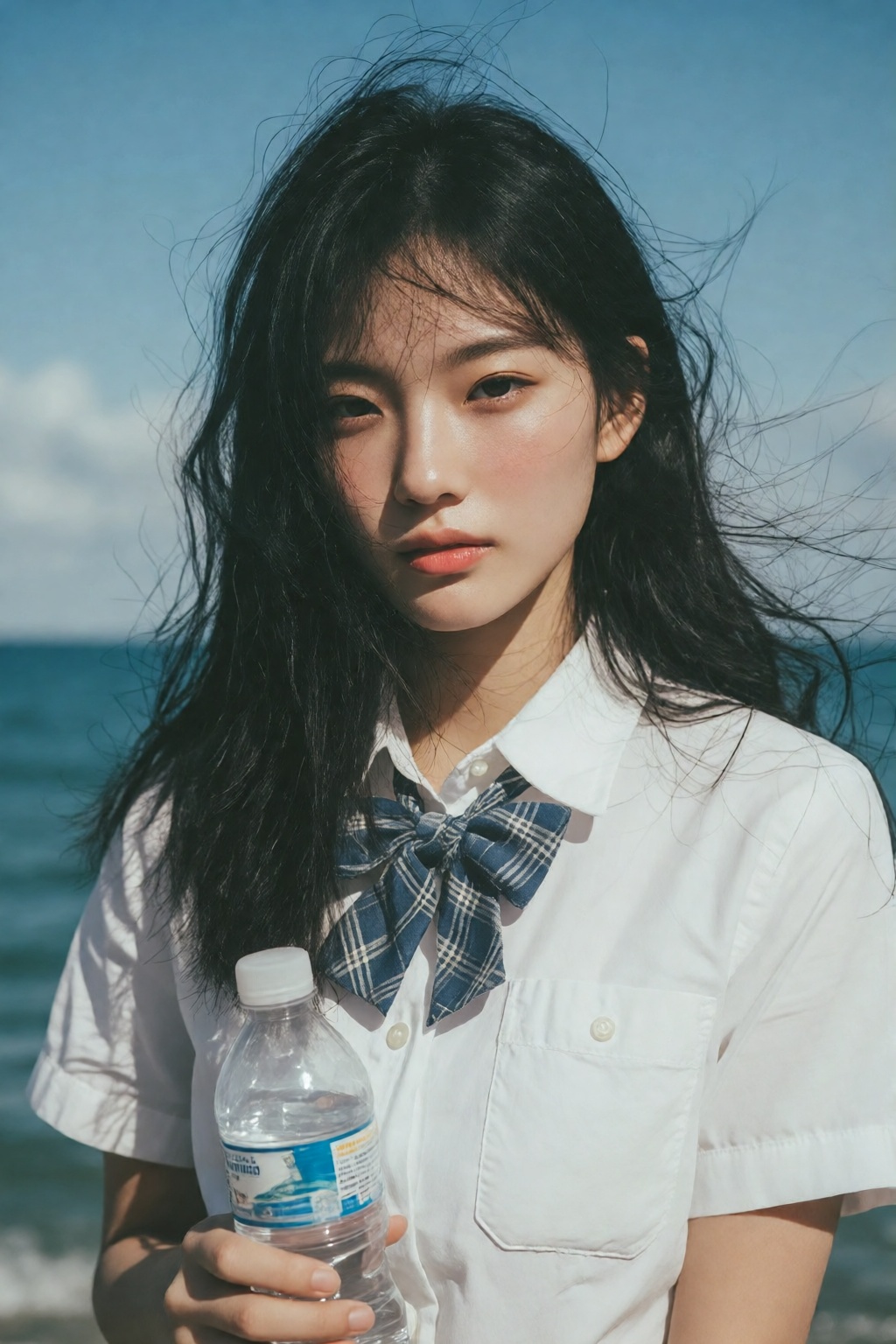 midjourneyanalog17k2e3. Young East Asian woman with center-parted long,  wind-blown black hair,  posing before a blue sea....