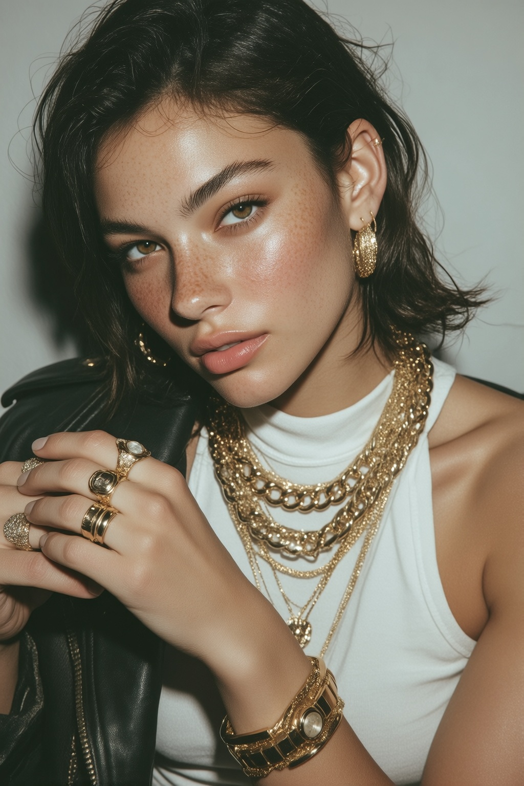 midjourneyanalog17k2e3. High-angle,  close-up portrait shows a young woman with light freckled olive-toned skin and light...
