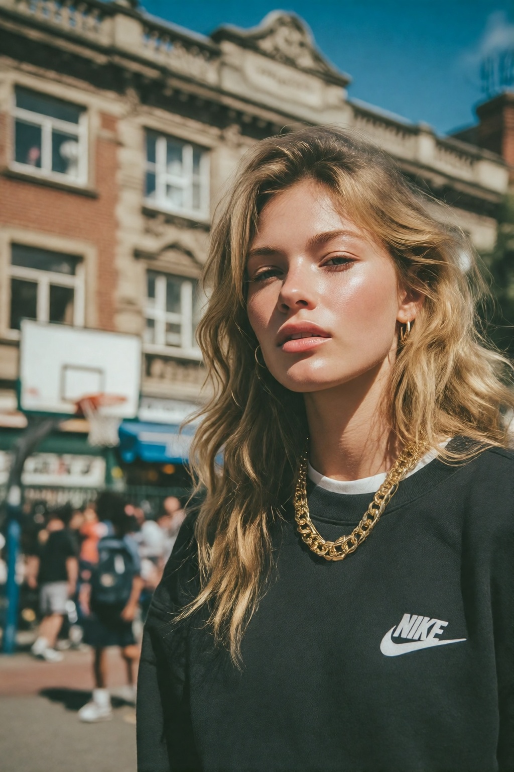 midjourneyanalog17k2e3. Close-up of a woman with long,  wavy blonde hair who wears a dark Nike sweatshirt with a visible l...
