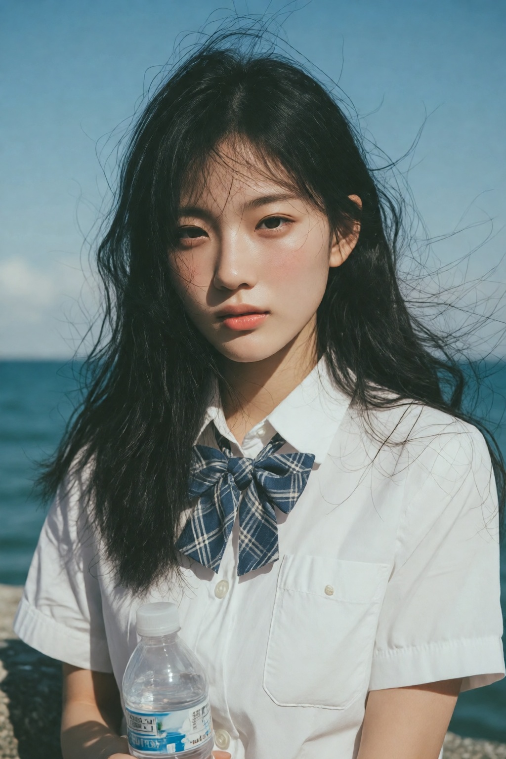 midjourneyanalog17k2e3. Young East Asian woman with center-parted long,  wind-blown black hair,  posing before a blue sea....