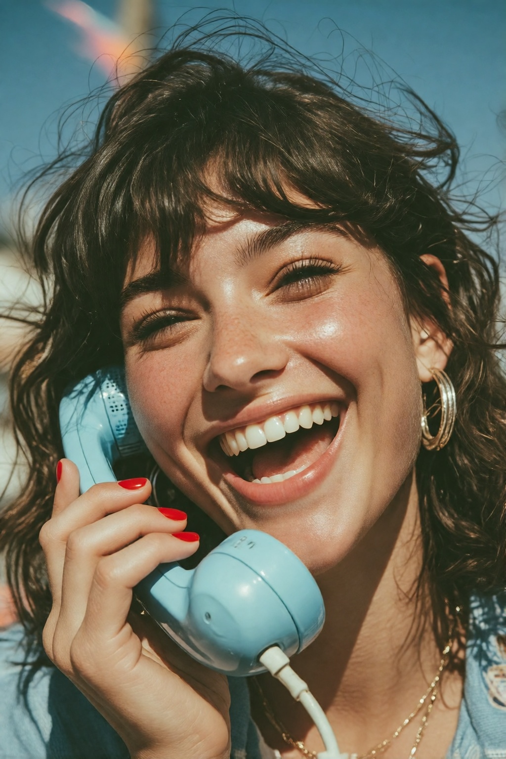 midjourneyanalog17k2e3. Low-angle extreme close-up of a young woman with dark wavy brown hair and bangs,  laughing exubera...