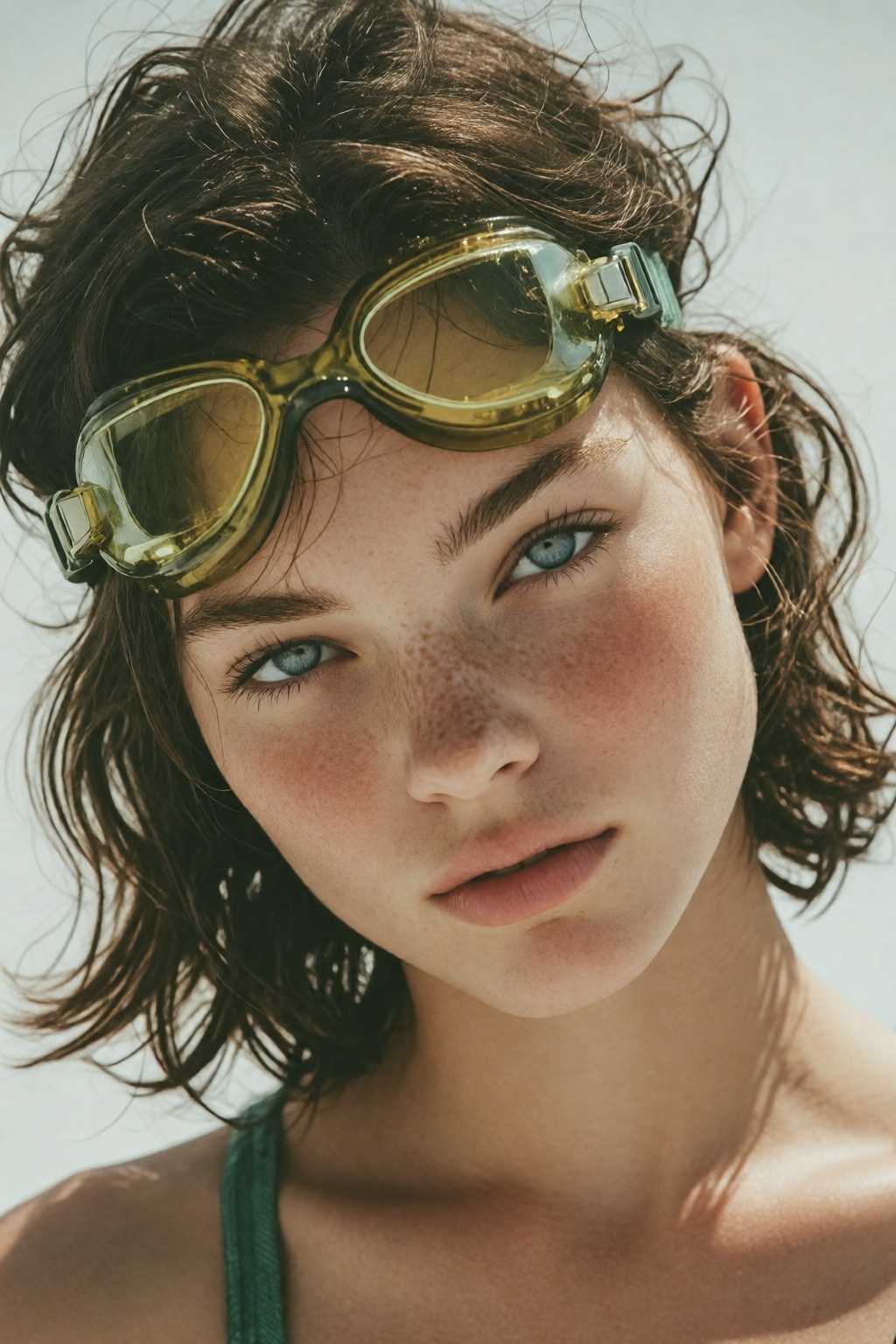 midjourneyanalog17k2e3. Dutch-tilt close-up portrait of a young woman with a direct,  intense gaze. She has subtle freckle...