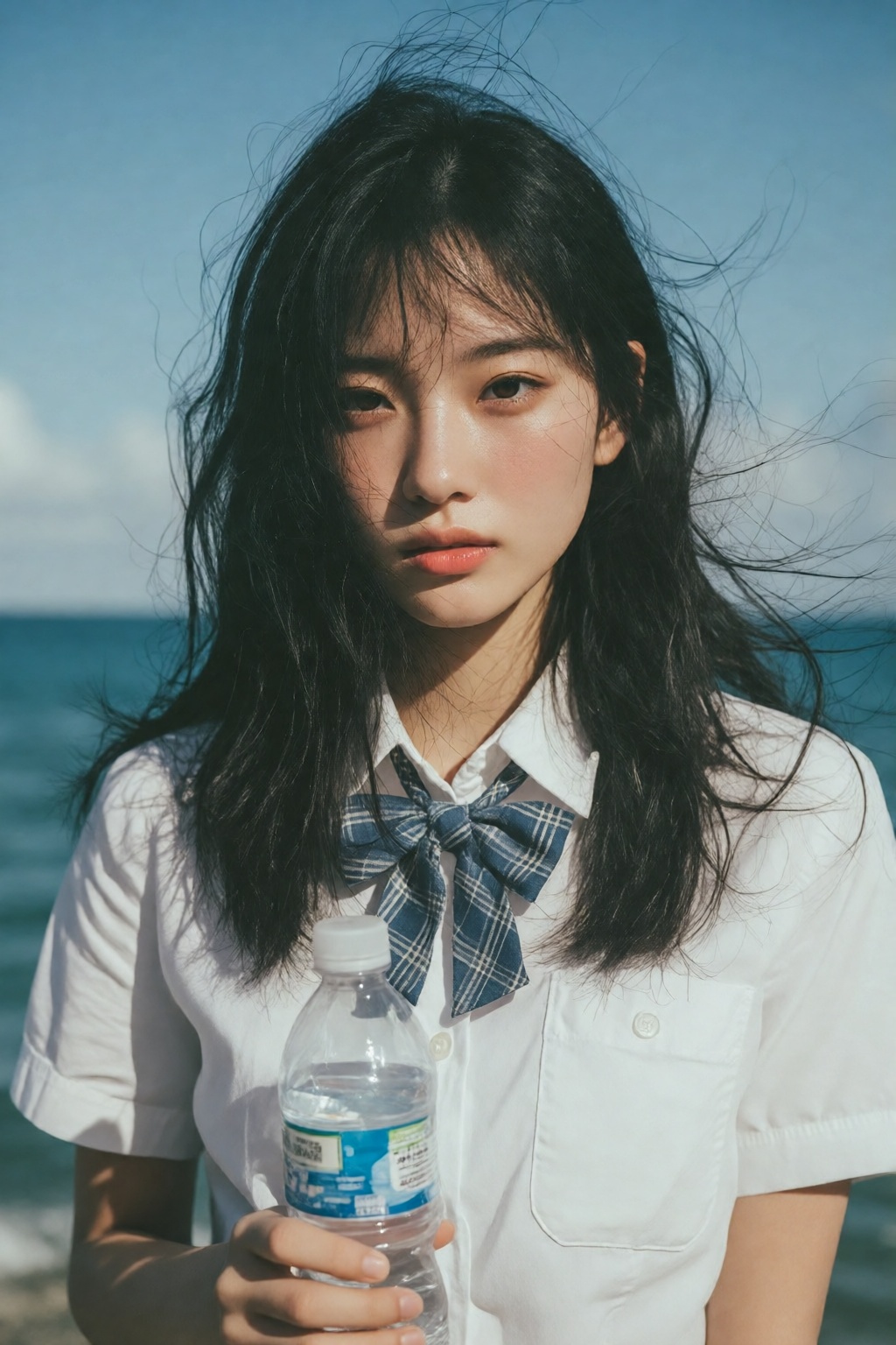 midjourneyanalog17k2e3. Young East Asian woman with center-parted long,  wind-blown black hair,  posing before a blue sea....