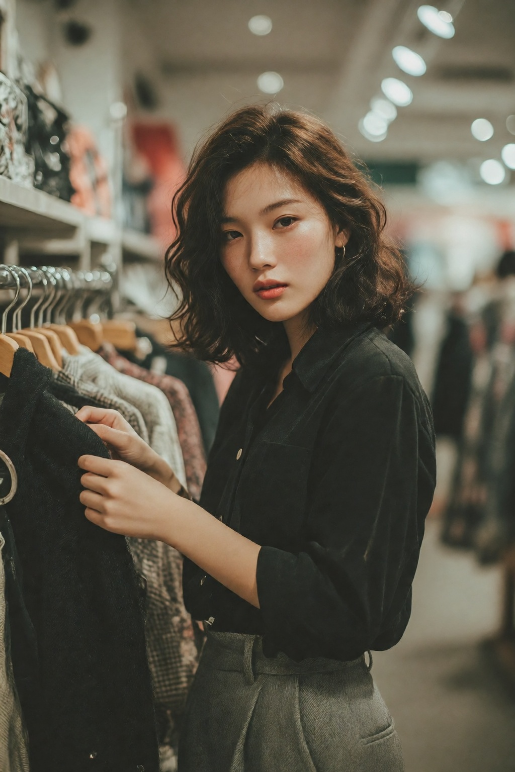 midjourneyanalog17k2e3. A 1990s young Chinese woman with wavy shoulder-length hair stands in front of a clothing rack in a...
