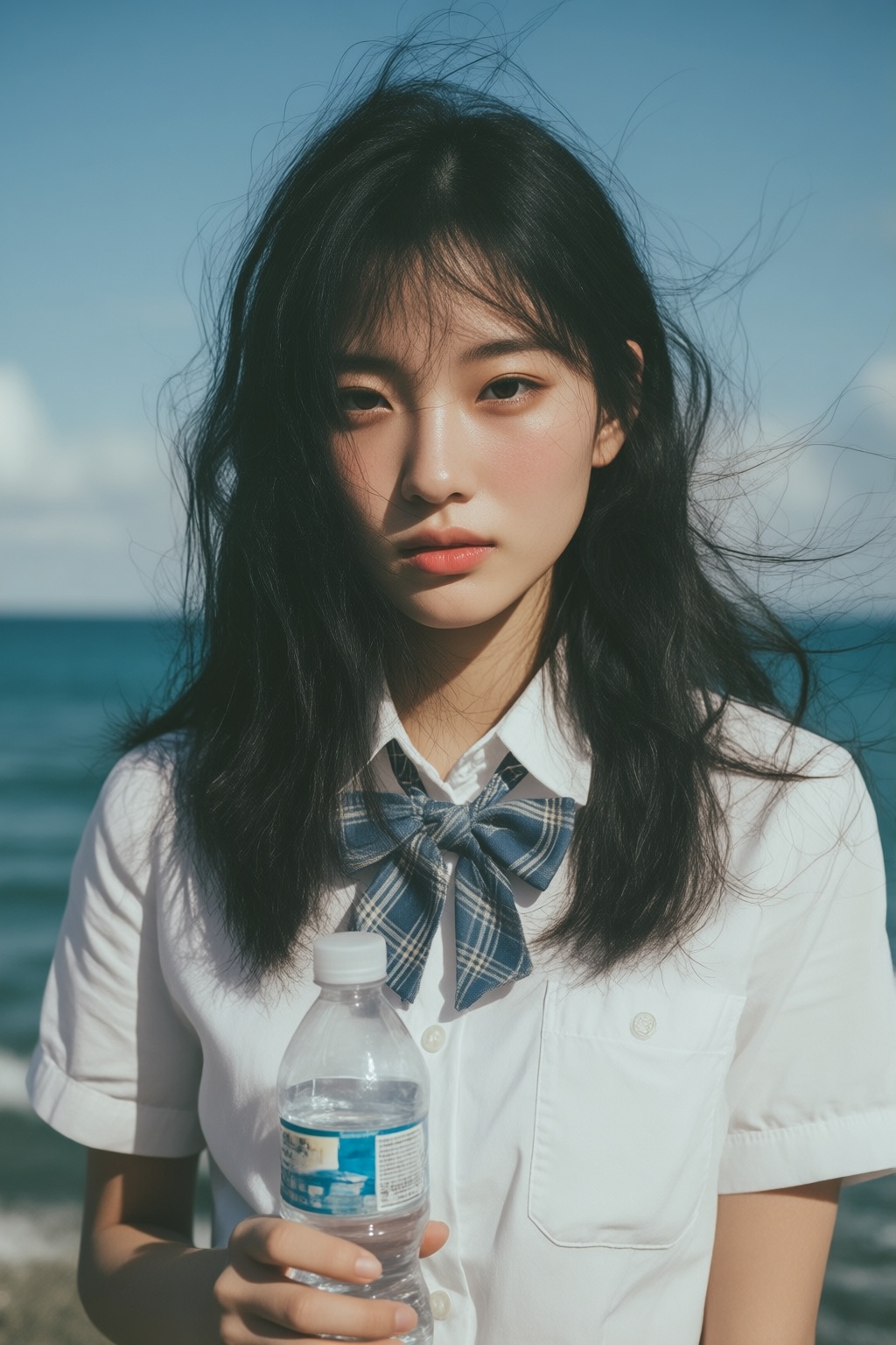 midjourneyanalog17k2e3. Young East Asian woman with center-parted long,  wind-blown black hair,  posing before a blue sea....