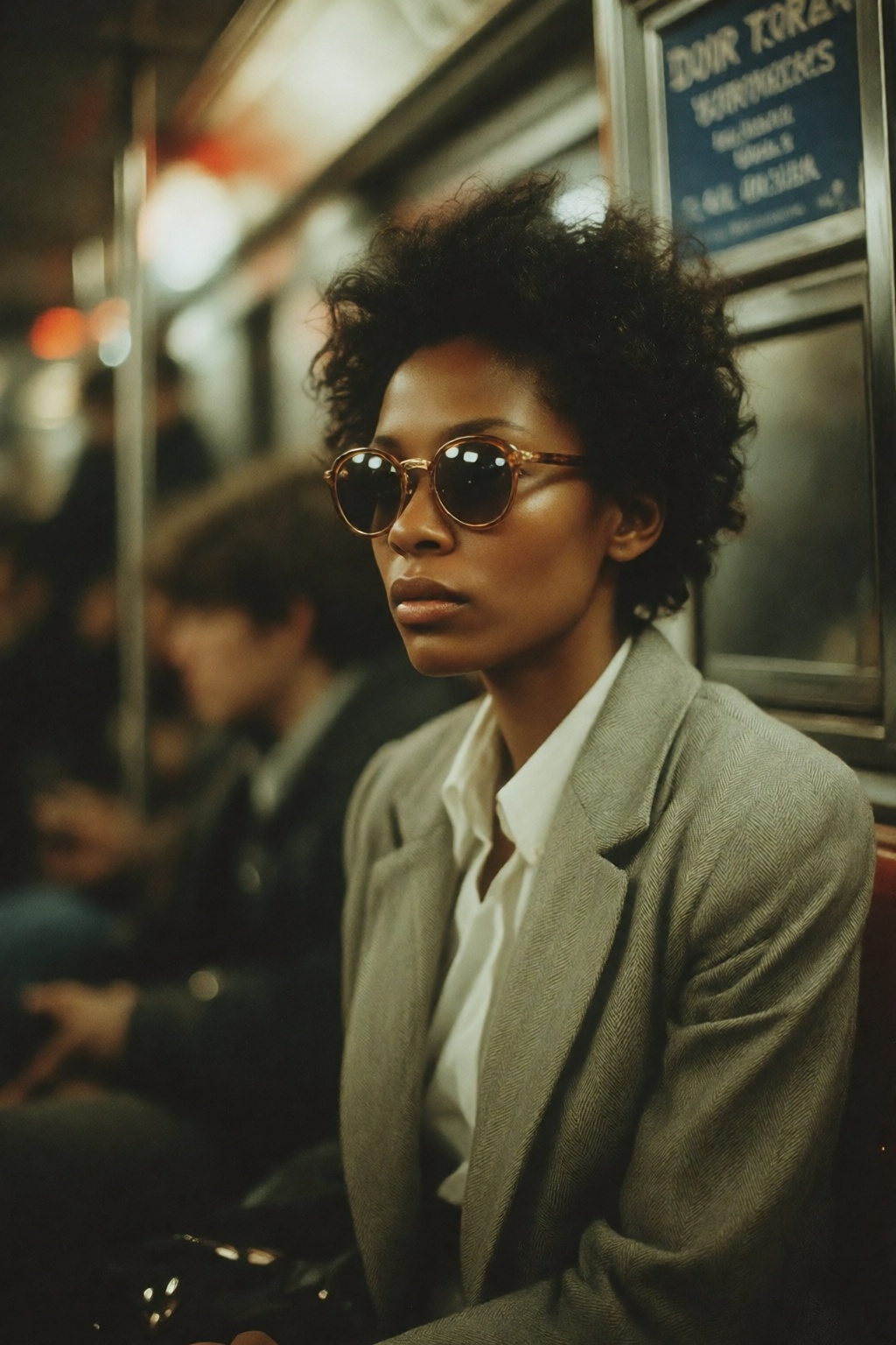 midjourneyanalog17k2e3. An African American woman,  shown in 3/4 profile,  in a light-colored suit and a white shirt on Te...