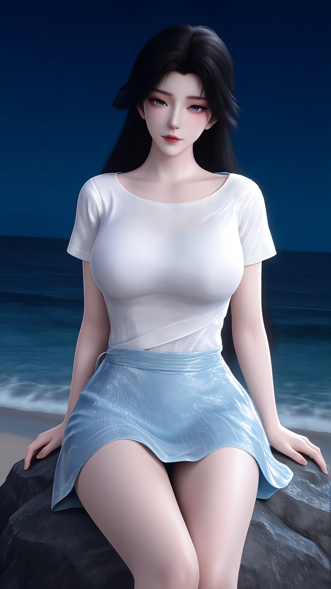 XXH,  White t-shirt,  White|blue skirt on Tensor.Art