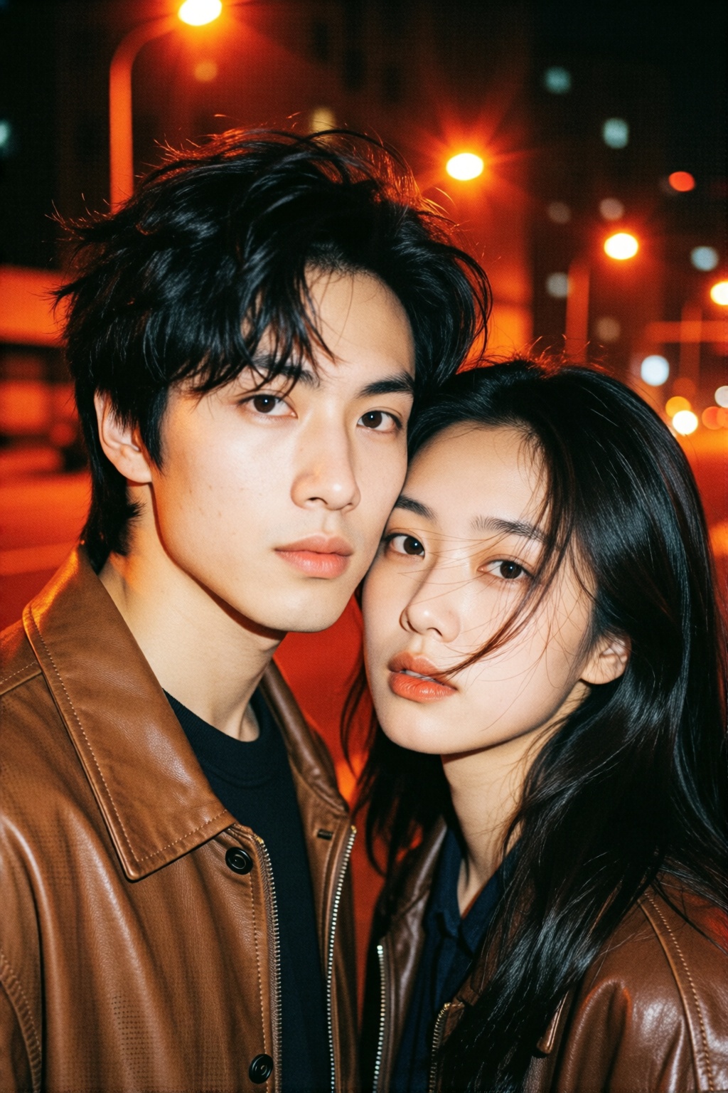 midjourneyanalog18k2e10. Close-up a young East Asian couple standing close together in a nighttime urban setting. The man,...