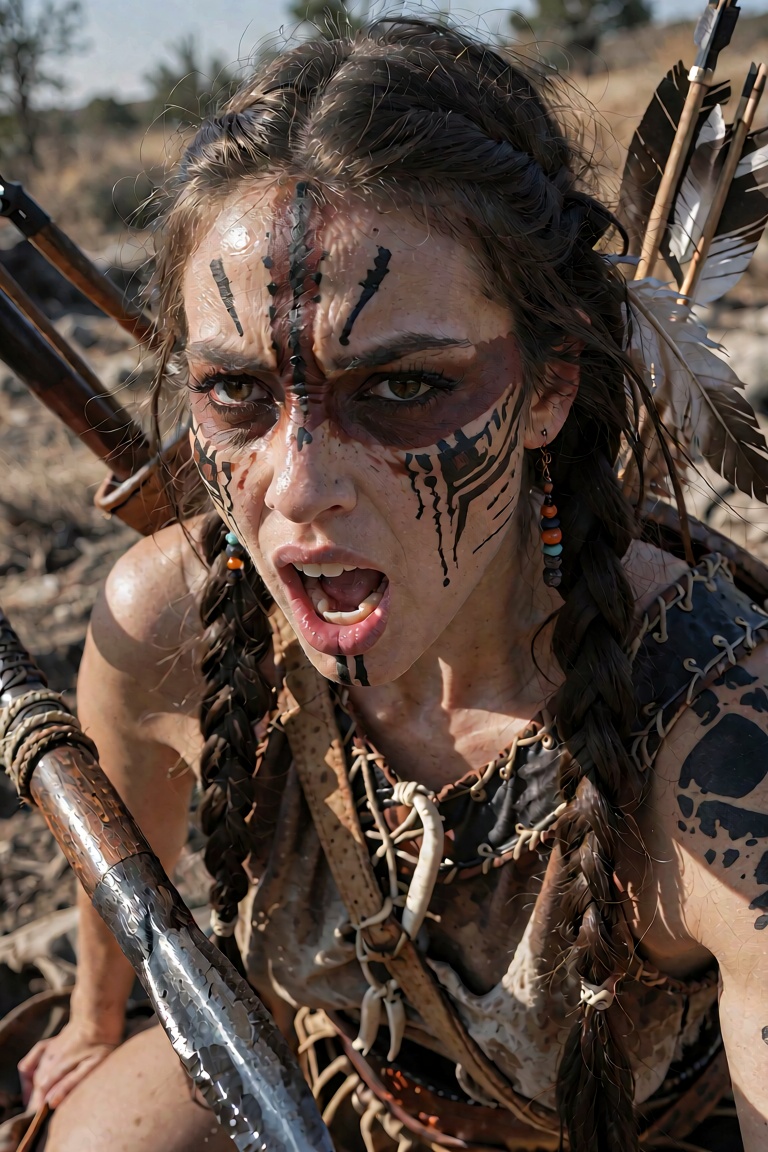 A close-up,  dynamic portrait captures a Native American woman mid-roar,  her face contorted in fierce determination. Intr...