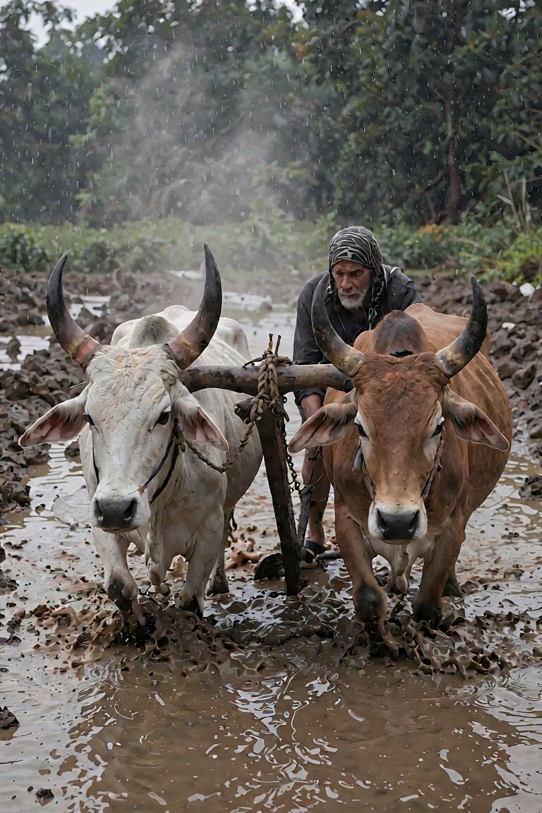 Bradhamel art style. An elderly Indonesian man wearing a head covering and dark clothing stands beside two Zebu cattle—one...