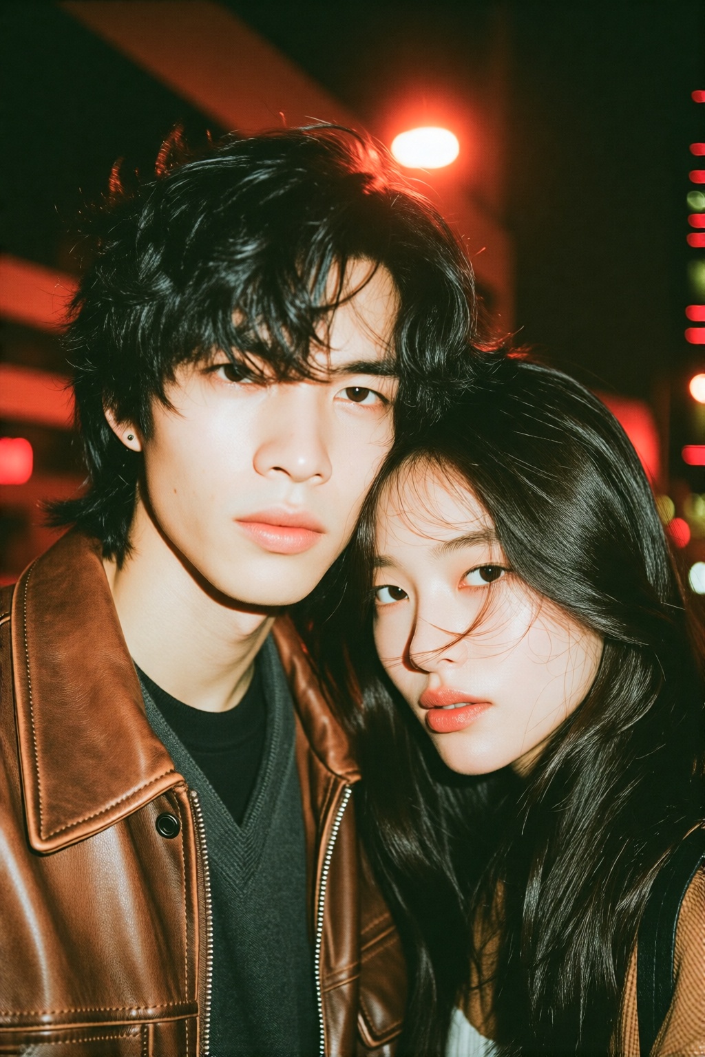 midjourneyanalog18k2e10. Close-up a young East Asian couple standing close together in a nighttime urban setting. The man,...
