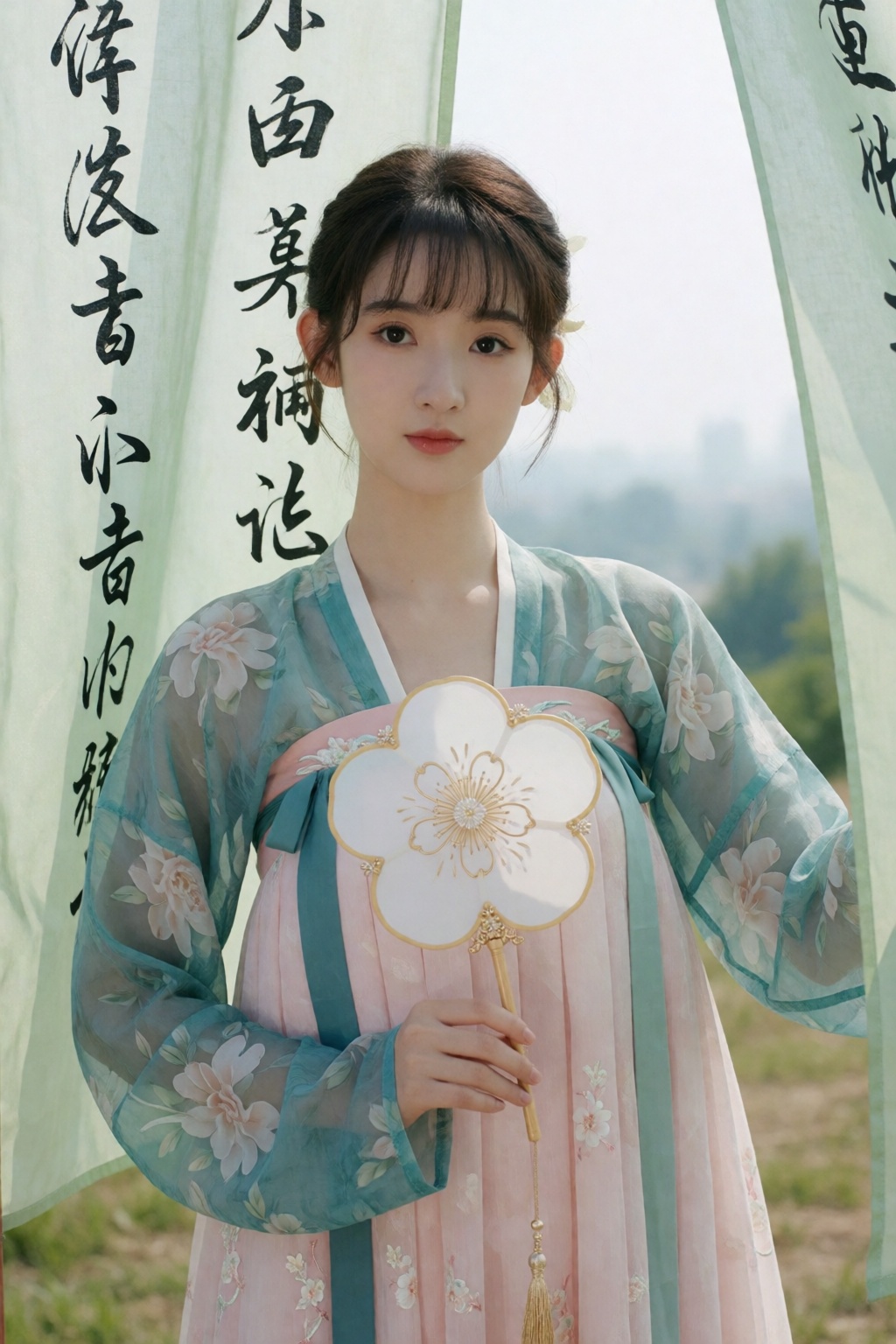 中国女孩小美,  In this medium-profile shot,  a young woman with dark brown hair and wispy bangs wears a layered hanfu ensemble b...