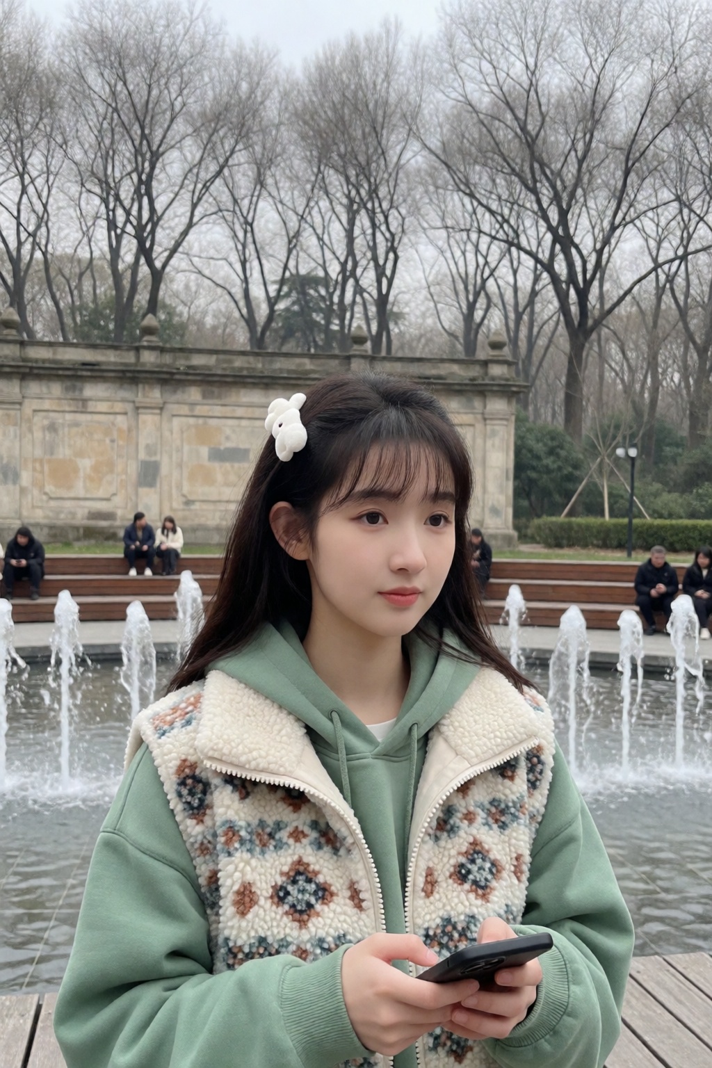中国女孩小美,  A wide-angle,  medium-close shot features a young woman with long dark hair and bangs by 星光花园 on Tensor.Art