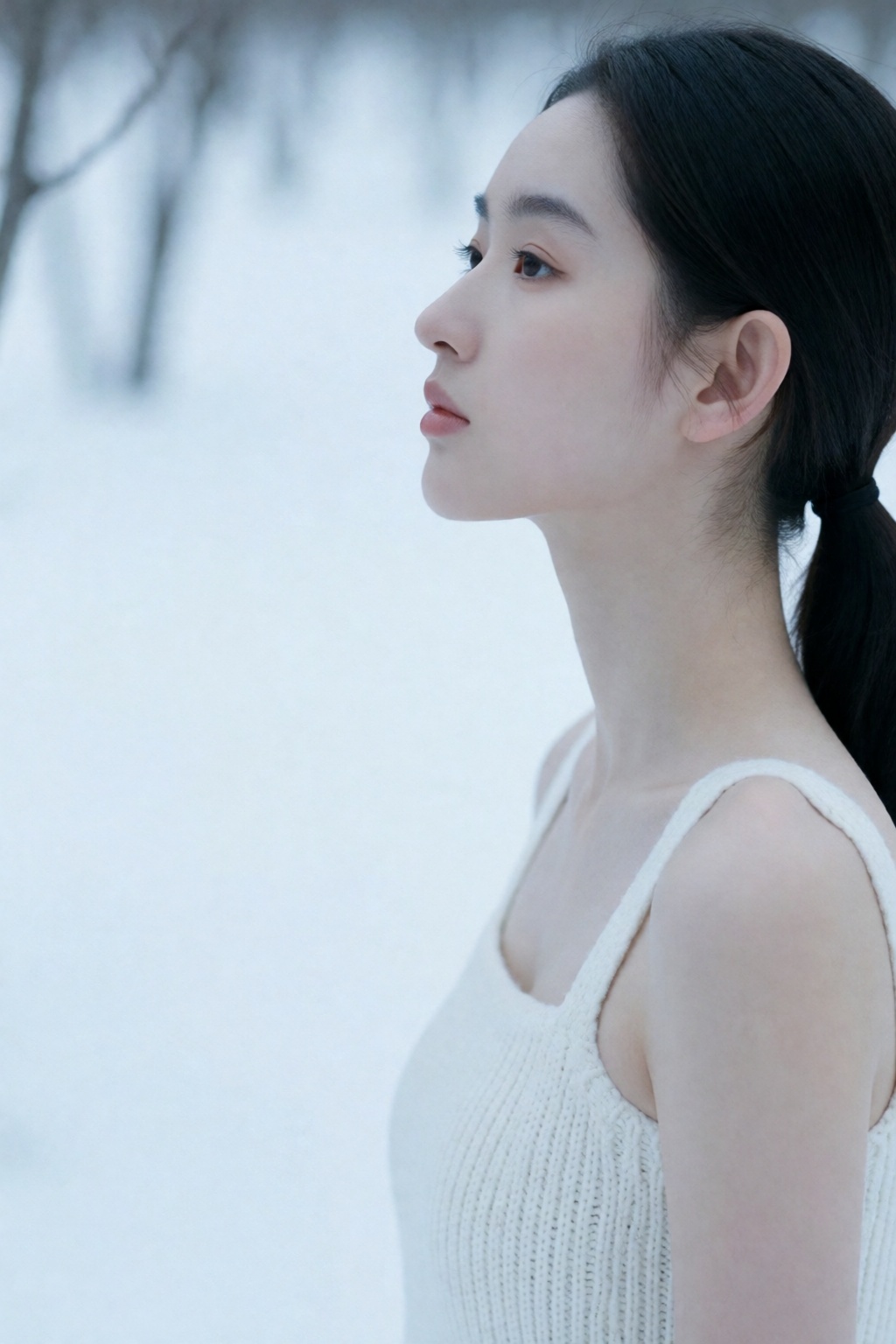 东亚女生人像摄影,  冬日极简清冷户外写真风格,  人物站平整纯白薄雪地面 by 星光花园 on Tensor.Art