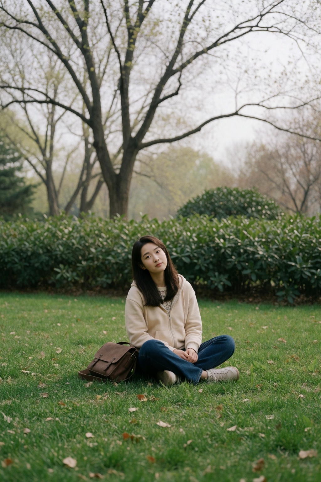 中国女孩小美,  A young woman with long dark hair sits cross-legged on a lush green lawn,  her head tilted slightly as she looks...
