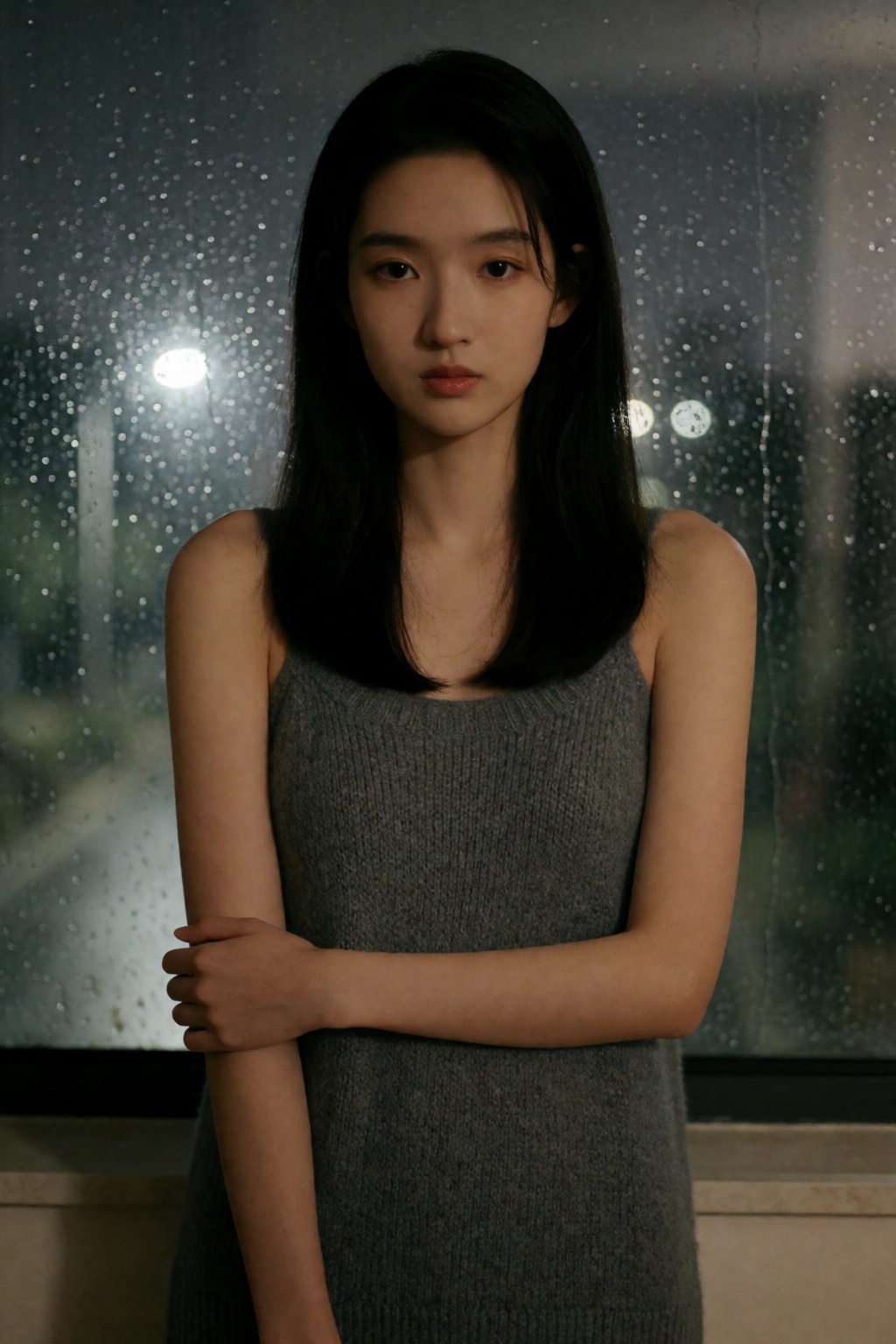 东亚女生人像摄影,  忧郁电影感居家写真风格,  人物站居家落地窗内侧 by 星光花园 on Tensor.Art