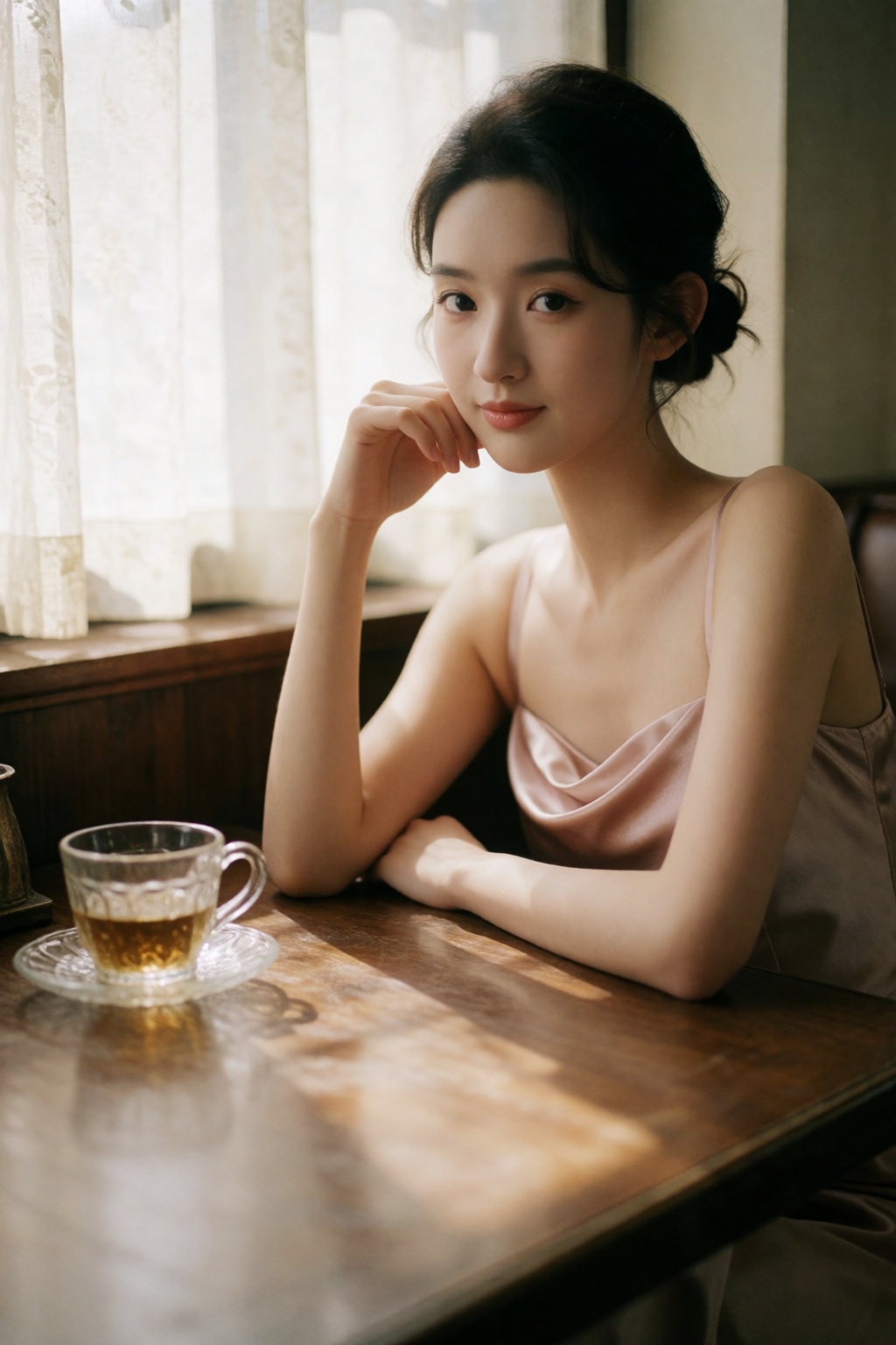 东亚女生人像摄影,  法式复古胶片人像风格,  人物坐在复古棕色咖啡馆靠窗卡座 by 星光花园 on Tensor.Art