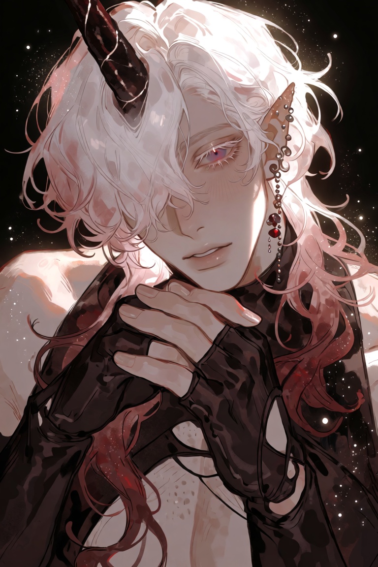 Create a solo image featuring a male figure with long,  wavy white hair and heterochromia,  one eye red and the other a pu...