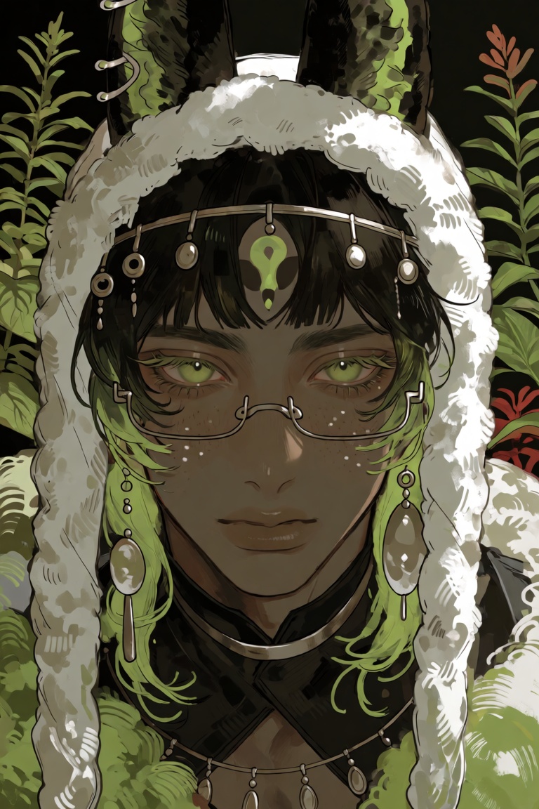 Create a portrait of a solo male character looking directly at the viewer. He has short hair with bangs,  and his green ey...