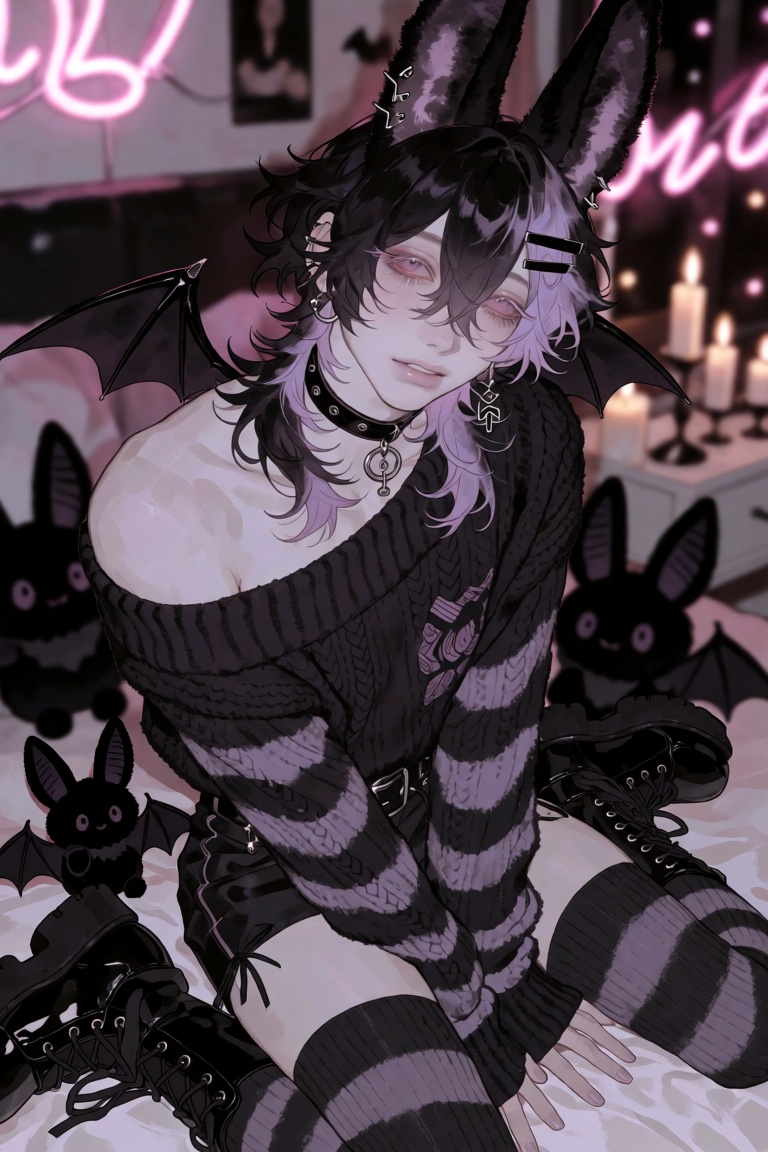 male bat ears,  tiny bat wings,  pale cool-toned skin on Tensor.Art