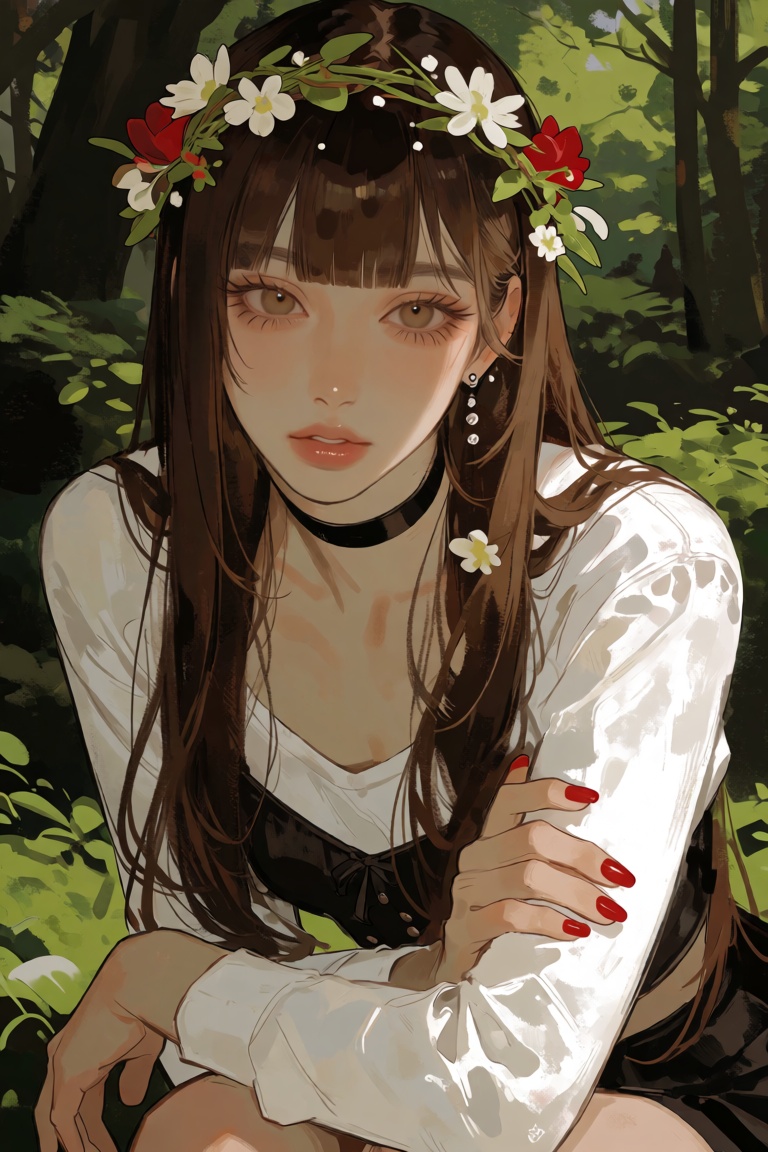 Create a captivating scene featuring a lone 1girl with long,  brown hair,  looking directly at the viewer with expressive...