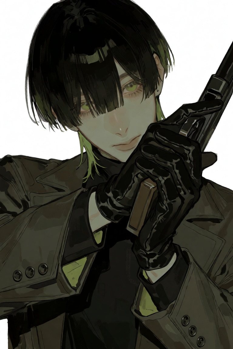 A lone figure,  1boy with short black hair and bangs,  wearing a coat and black gloves on Tensor.Art
