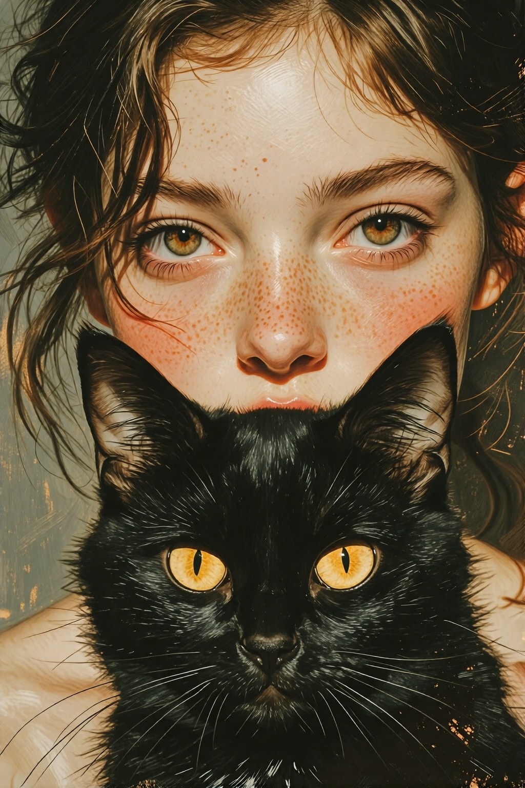 midjourneyanalog19k2e10.. Extreme Close-up of a young woman with pale skin and light freckles partially obscured by a blac...