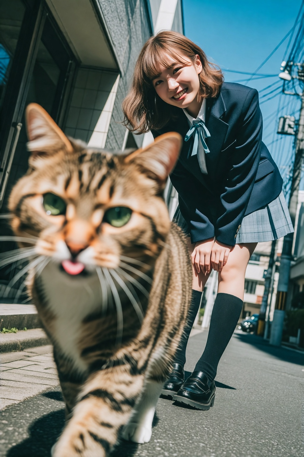 midjourneyanalog19k2e10. Low-angle Dutch-tilt shot. In the blurred forground left is a fluffy brown tabby cat with a white...