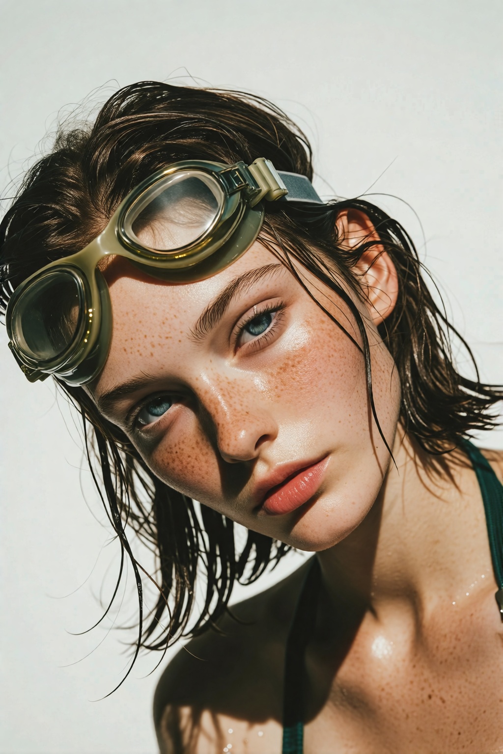 midjourneyanalog19k2e10.. Dutch-tilt close-up portrait of a young woman with a direct,  intense gaze. She has subtle freck...