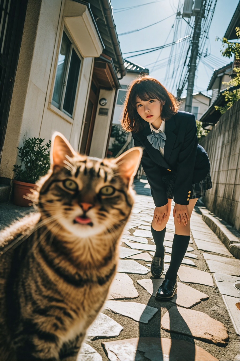midjourneyanalog19k2e10. {"high_level_description":"Low-angle shot a curious long-haired tabby cat photobombing the foregr...