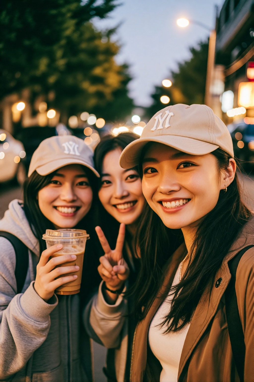midjourneyanalog19k2e10.. High-angle,  selfie captures three East Asian young women smiling outdoors at dusk. The woman in...