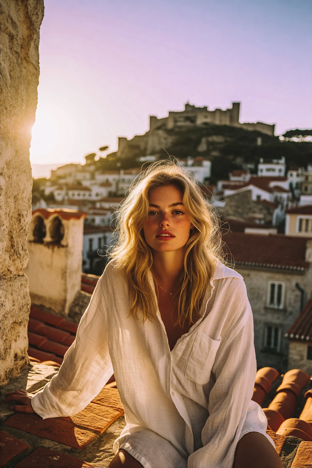 midjourneyanalog19k2e10. A professional photograph of a woman with long blonde hair in an oversized white linen shirt sitt...