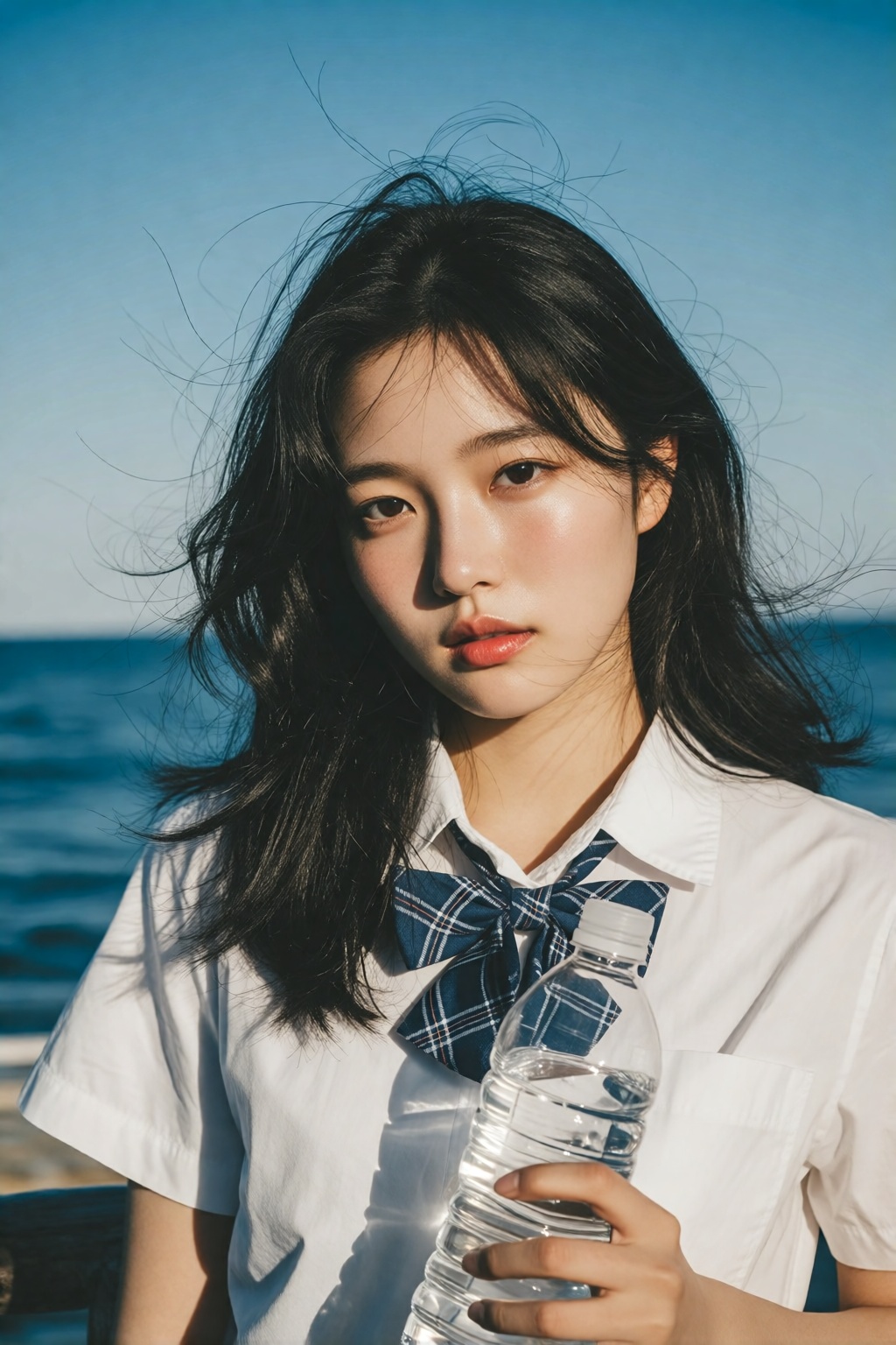 midjourneyanalog19k2e10.. Young East Asian woman with center-parted long,  wind-blown black hair,  posing before a blue se...