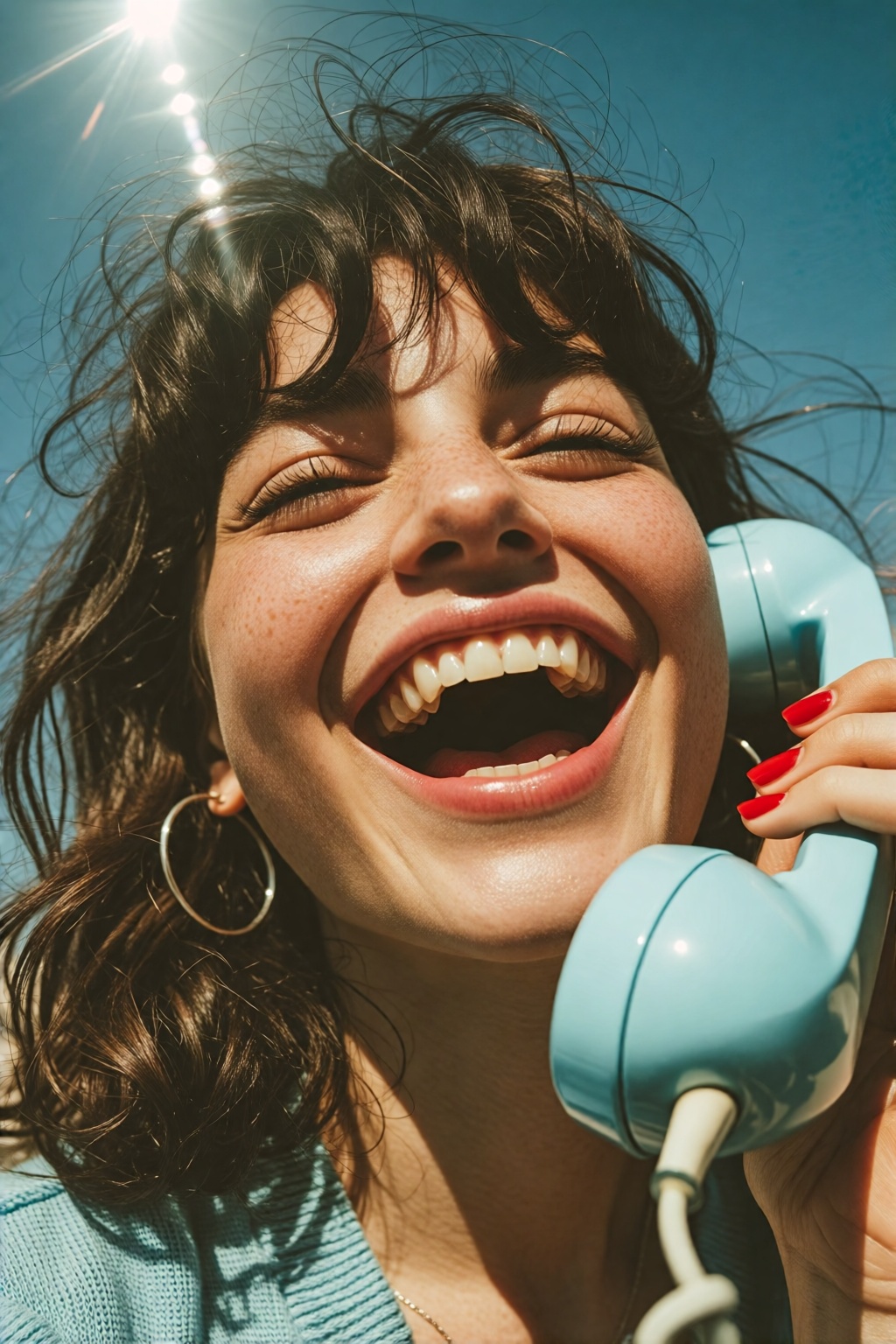 midjourneyanalog19k2e10.. Low-angle extreme close-up of a young woman with dark wavy brown hair and bangs,  laughing exube...