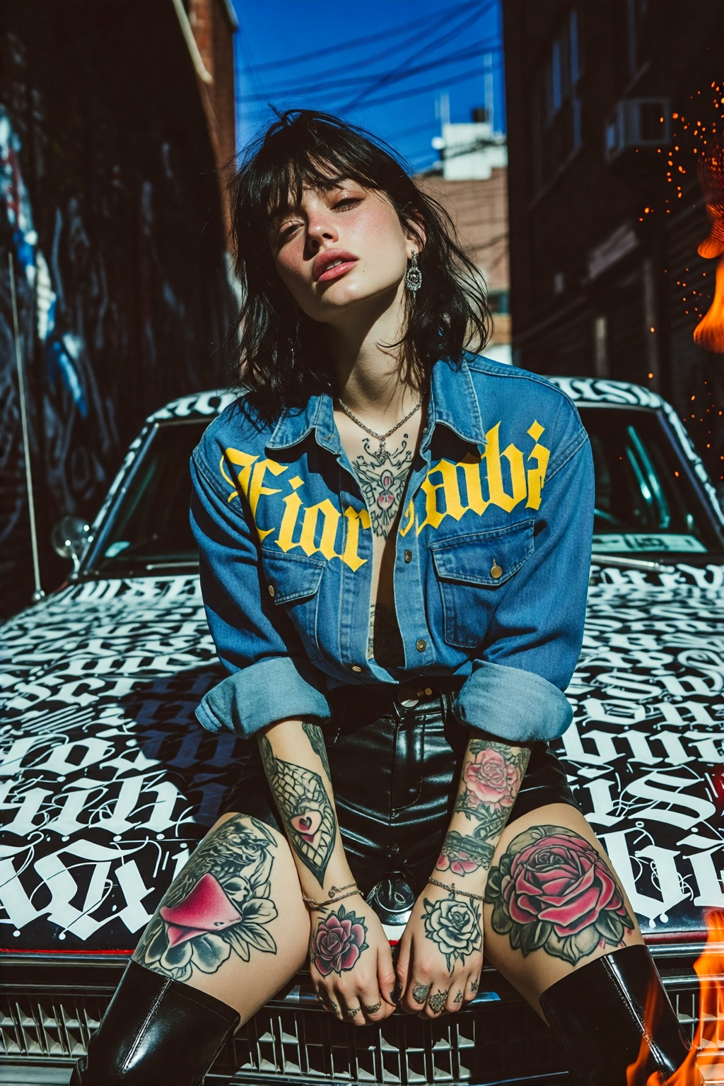 midjourneyanalog19k2e10.. Medium shot from a low angle captures a tattooed young woman with pale skin and dark hair sittin...