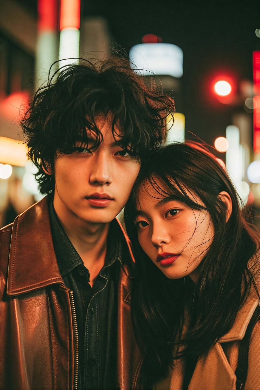 midjourneyanalog19k2e10. Close-up a young East Asian couple standing close together in a nighttime urban setting. The man,...