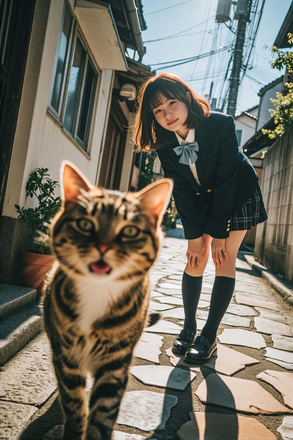 midjourneyanalog19k2e10. {"high_level_description":"Low-angle shot a tabby cat photobombing the foreground with a playful...