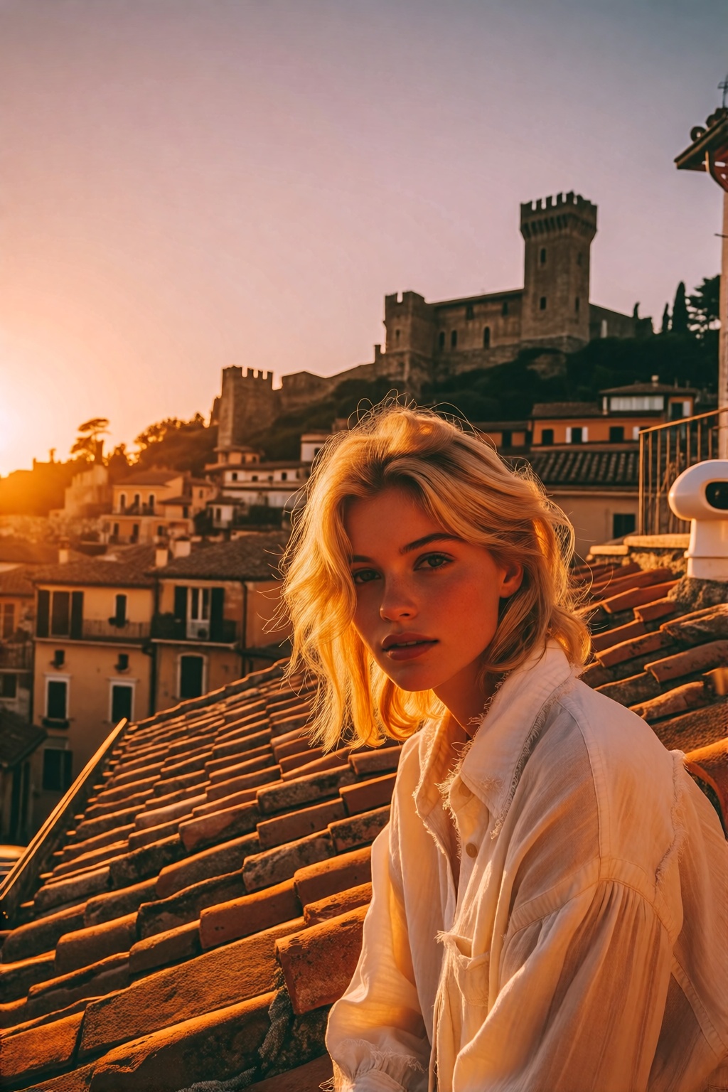 midjourneyanalog19k2e10. {"high_level_description":"A cinematic,  warm-toned portrait of a blonde woman sitting on terrace...